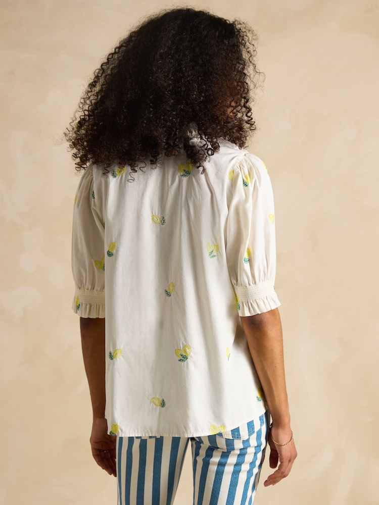 Joules Elle Cream Lemon Embroidered Frill Neck Cotton Blouse - Image 2 of 6