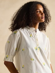 Joules Elle Cream Lemon Embroidered Frill Neck Cotton Blouse - Image 3 of 6