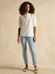 Joules Elle Cream Lemon Embroidered Frill Neck Cotton Blouse - Image 4 of 6