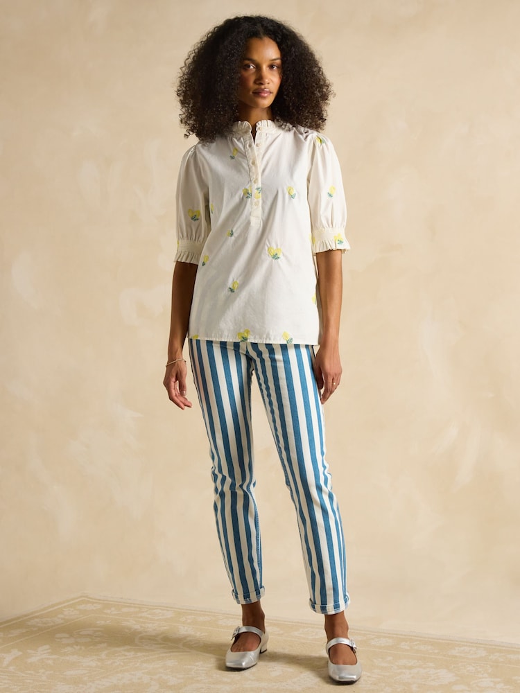 Joules Elle Cream Lemon Embroidered Frill Neck Cotton Blouse - Image 4 of 6