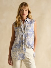 Blue/White Toile de Jouy - Joules Selene 100% Linen Sleeveless Shirt - Imagen 1 de 8