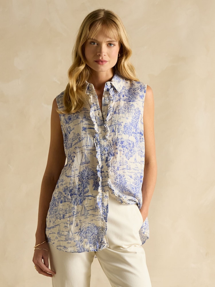 Blue/White Toile de Jouy - Joules Selene 100% Linen Sleeveless Shirt - Imagen 1 de 8