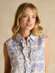 Blue/White Toile de Jouy - Joules Selene 100% Linen Sleeveless Shirt - Imagen 6 de 8
