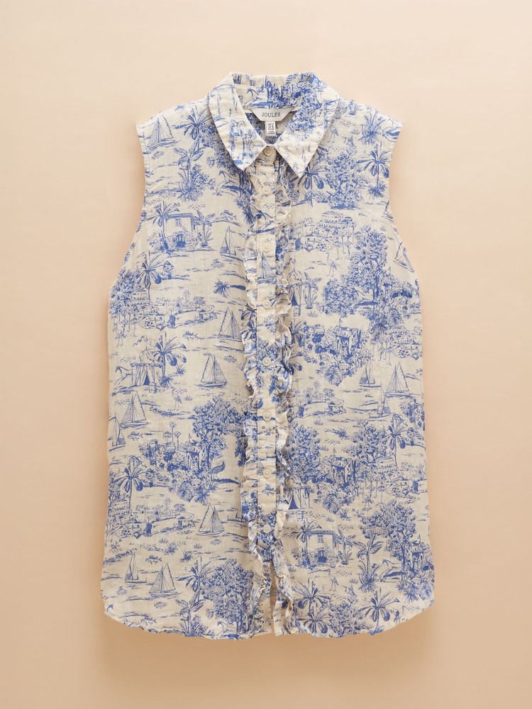 Blue/White Toile de Jouy - Joules Selene 100% Linen Sleeveless Shirt - Imagen 8 de 8 Blue/White Toile de Jouy - Joules Selene 100% Linen Sleeveless Shirt - Imagen 8 de 8