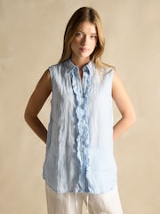 Joules Selene Blue 100% Linen Sleeveless Shirt - Image 1 of 6