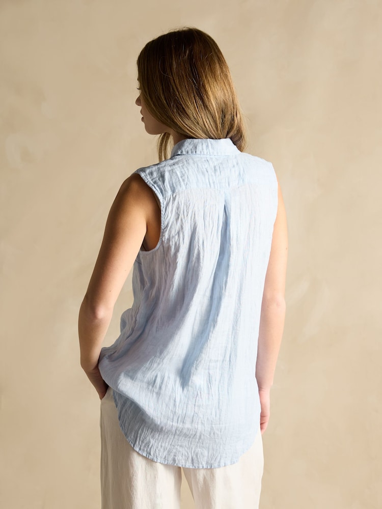 Joules Selene Blue 100% Linen Sleeveless Shirt - Image 2 of 6