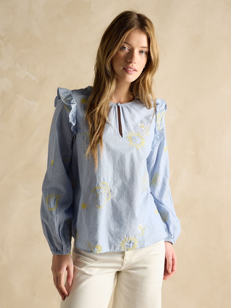 Joules Soraya Blue & Yellow Embroidered Chambray Blouse - Image 1 of 7