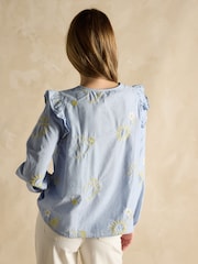 Joules Soraya Blue & Yellow Embroidered Chambray Blouse - Image 2 of 7