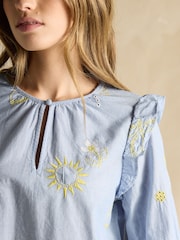Joules Soraya Blue & Yellow Embroidered Chambray Blouse - Image 5 of 7