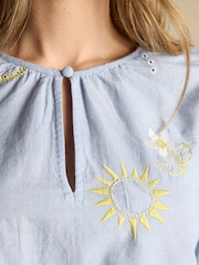 Joules Soraya Blue & Yellow Embroidered Chambray Blouse - Image 6 of 7