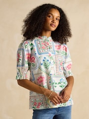 Joules Elle Cream Tile Print Frill Neck Cotton Blouse - Image 1 of 7