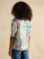 Joules Elle Cream Tile Print Frill Neck Cotton Blouse - Image 2 of 7