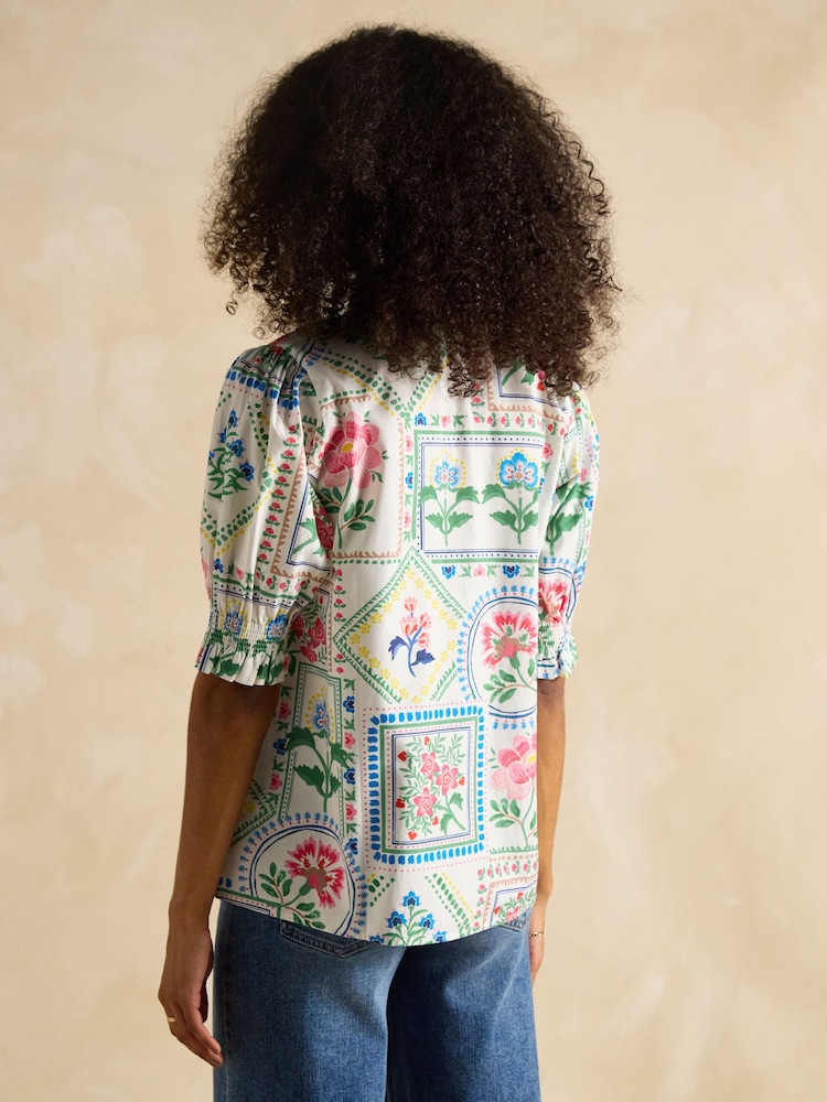Joules Elle Cream Tile Print Frill Neck Cotton Blouse - Image 2 of 7