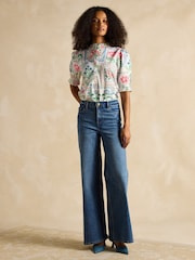 Joules Elle Cream Tile Print Frill Neck Cotton Blouse - Image 3 of 7