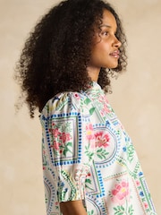 Joules Elle Cream Tile Print Frill Neck Cotton Blouse - Image 4 of 7