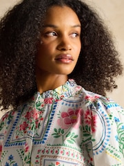 Joules Elle Cream Tile Print Frill Neck Cotton Blouse - Image 5 of 7