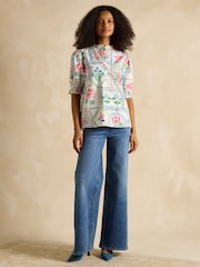 Joules Elle Cream Tile Print Frill Neck Cotton Blouse - Image 6 of 7