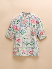 Joules Elle Cream Tile Print Frill Neck Cotton Blouse - Image 7 of 7