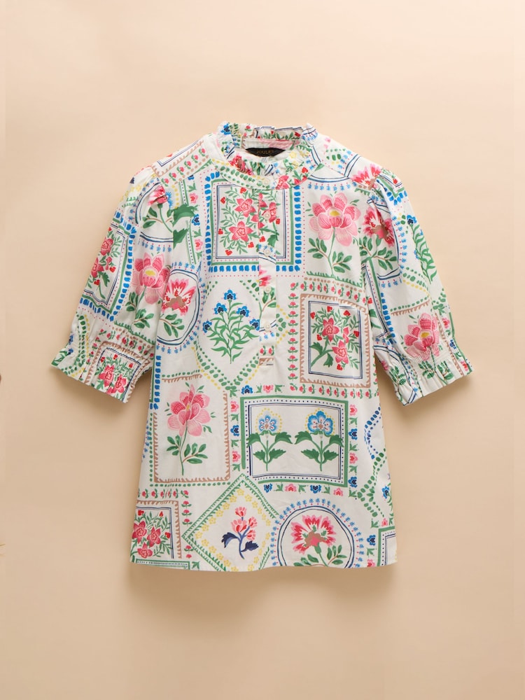 Joules Elle Cream Tile Print Frill Neck Cotton Blouse - Image 7 of 7