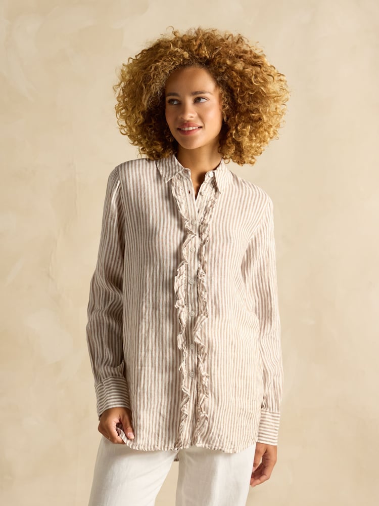 Joules Selene Light Brown Stripe 100% Linen Shirt - Image 1 of 7