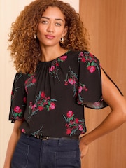 Love & Roses Black Floral Flutter Sleeve Blouse - Image 1 of 4