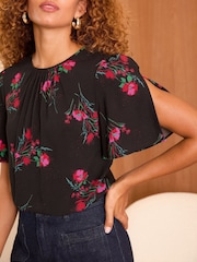 Love & Roses Black Floral Flutter Sleeve Blouse - Image 2 of 4