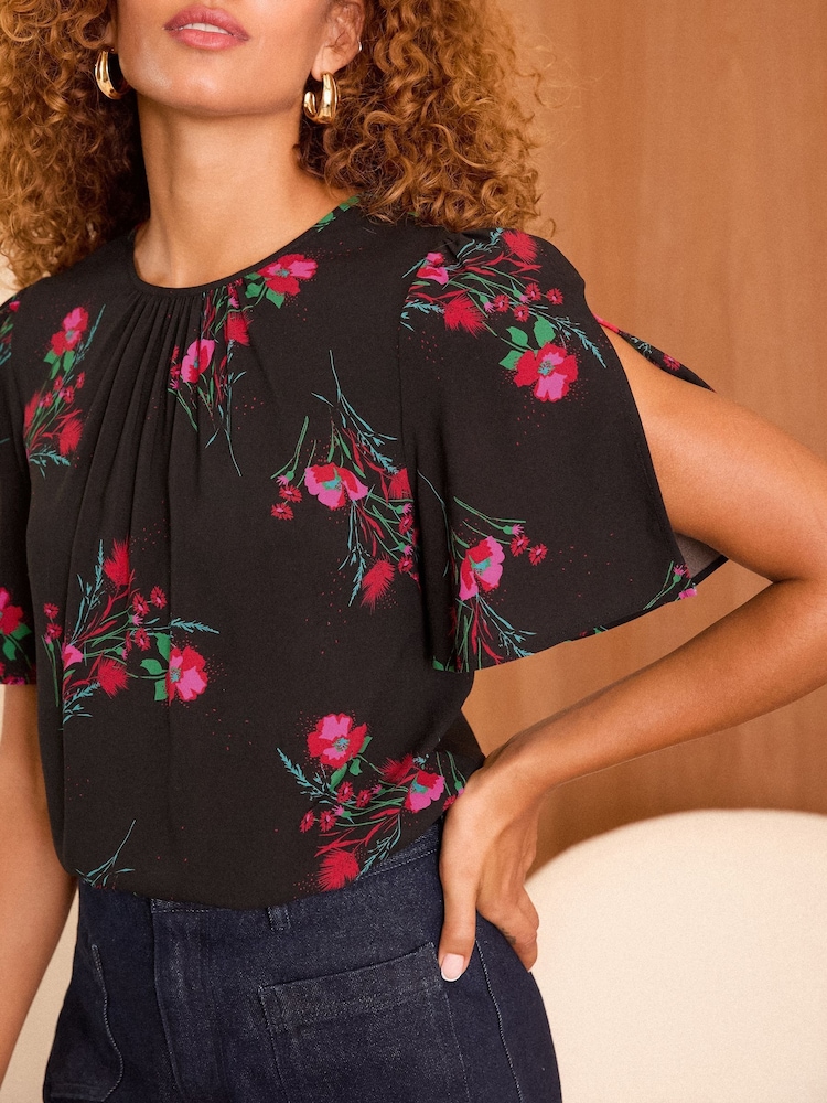 Love & Roses Black Floral Flutter Sleeve Blouse - Image 2 of 4