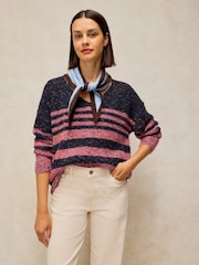 White Stuff Blue Texture Stripe V-Neck Jumper - Image 1 of 6