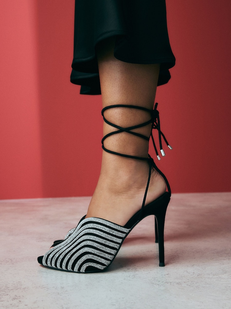 Black Forever Comfort® Jewel Point Peep Toe Wrap High Heel Sandals - Image 1 of 6