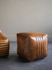 Libra Interiors Cognac Cube Leather Pouffe - Image 1 of 6