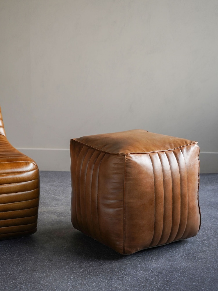 Libra Interiors Cognac Cube Leather Pouffe - Image 1 of 6