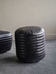 Libra Interiors Charcoal Round Leather Pouffe - Image 1 of 6