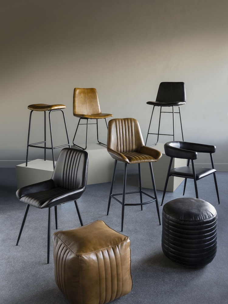 Libra Interiors Charcoal Round Leather Pouffe - Image 2 of 6