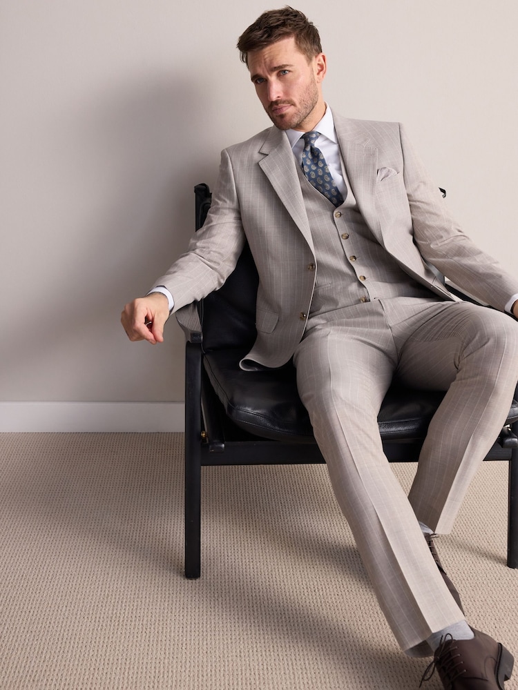 Neutral Slim Fit Signature Alfred British Wool Fabric Striped Suit Jacket - Image 1 of 11