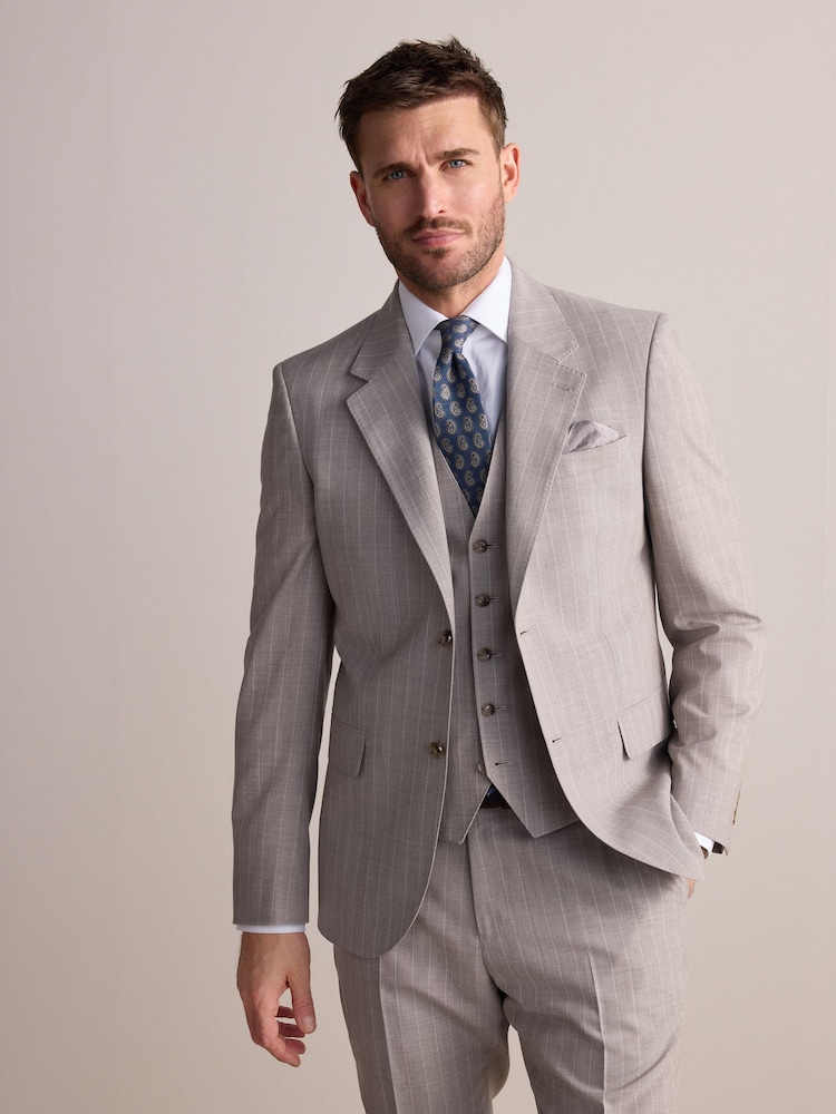 Neutral Slim Fit Signature Alfred British Wool Fabric Striped Suit Jacket - Image 2 of 11