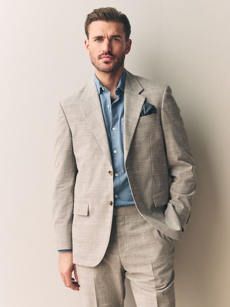 Neutral Slim Fit Tollegno Linen Blend Check Suit Jacket - Image 1 of 5