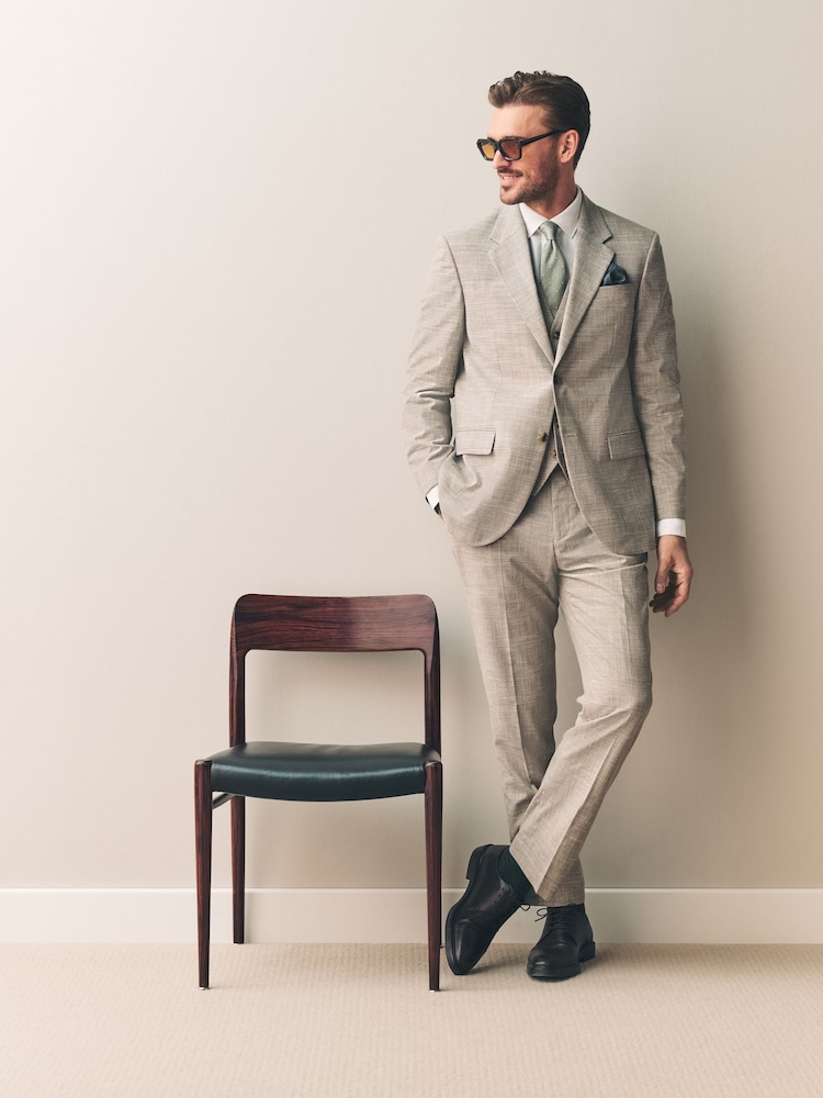 Нейтральный - Tollegno Linen Blend Check Suit Waistcoat - Image 2 of 8