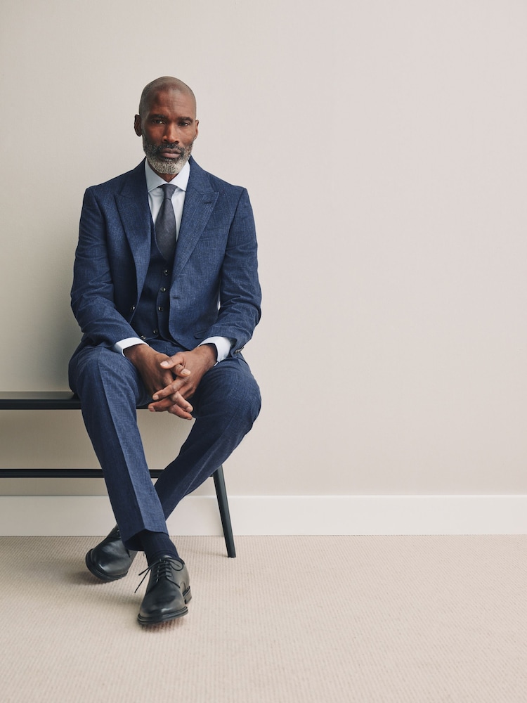 Blue Slim Fit Tollegno Linen Blend Check Suit Jacket - Image 1 of 4