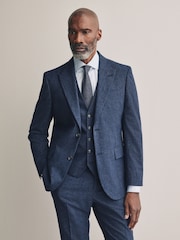 Blue Slim Fit Tollegno Linen Blend Check Suit Jacket - Image 2 of 4