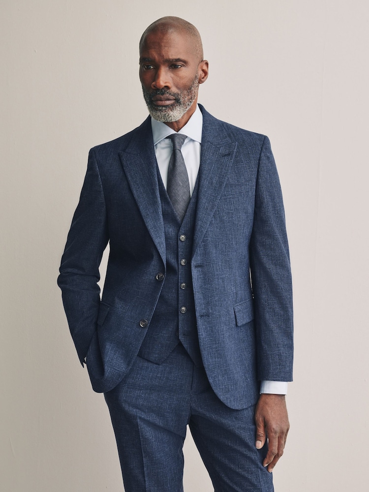 Blue Slim Fit Tollegno Linen Blend Check Suit Jacket - Image 2 of 4