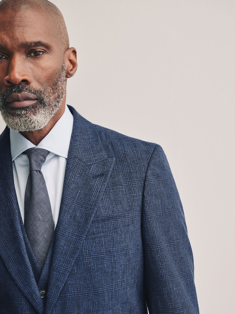 Blue Slim Fit Tollegno Linen Blend Check Suit Jacket - Image 4 of 4