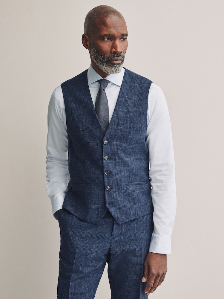 Blue Tollegno Linen Blend Check Suit Waistcoat - Image 1 of 4