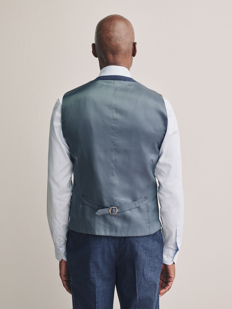 Blue Tollegno Linen Blend Check Suit Waistcoat - Image 3 of 4