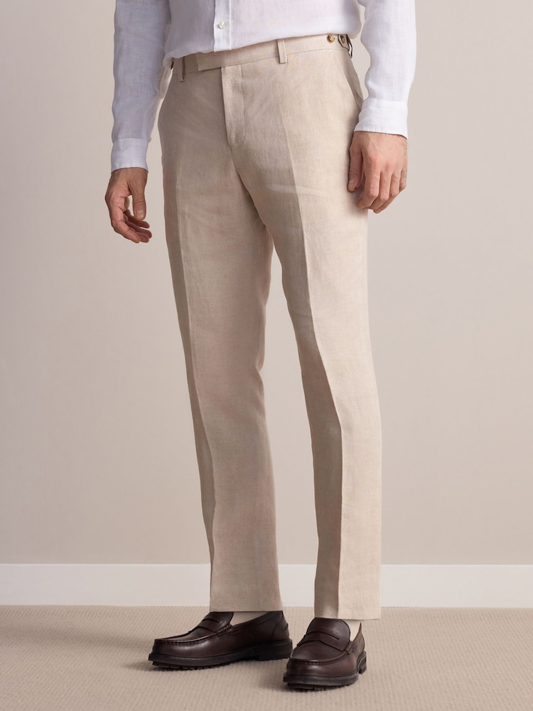 Stone - Slim Fit Signature Leomaster Italian 100% Linen Fabric Suit Trousers - Image 1 of 10