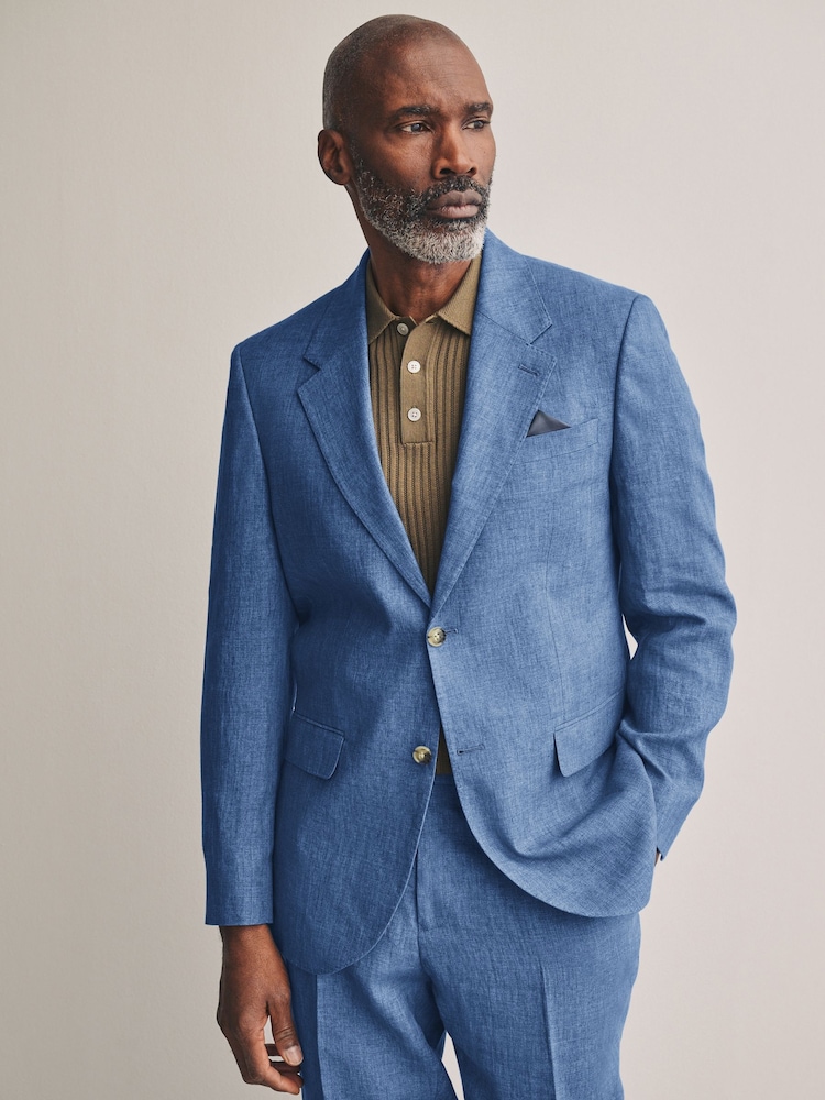 Blue Slim Fit Leomaster Italian 100% Linen Suit Jacket - Image 1 of 11 Blue Slim Fit Leomaster Italian 100% Linen Suit Jacket - Image 1 of 11