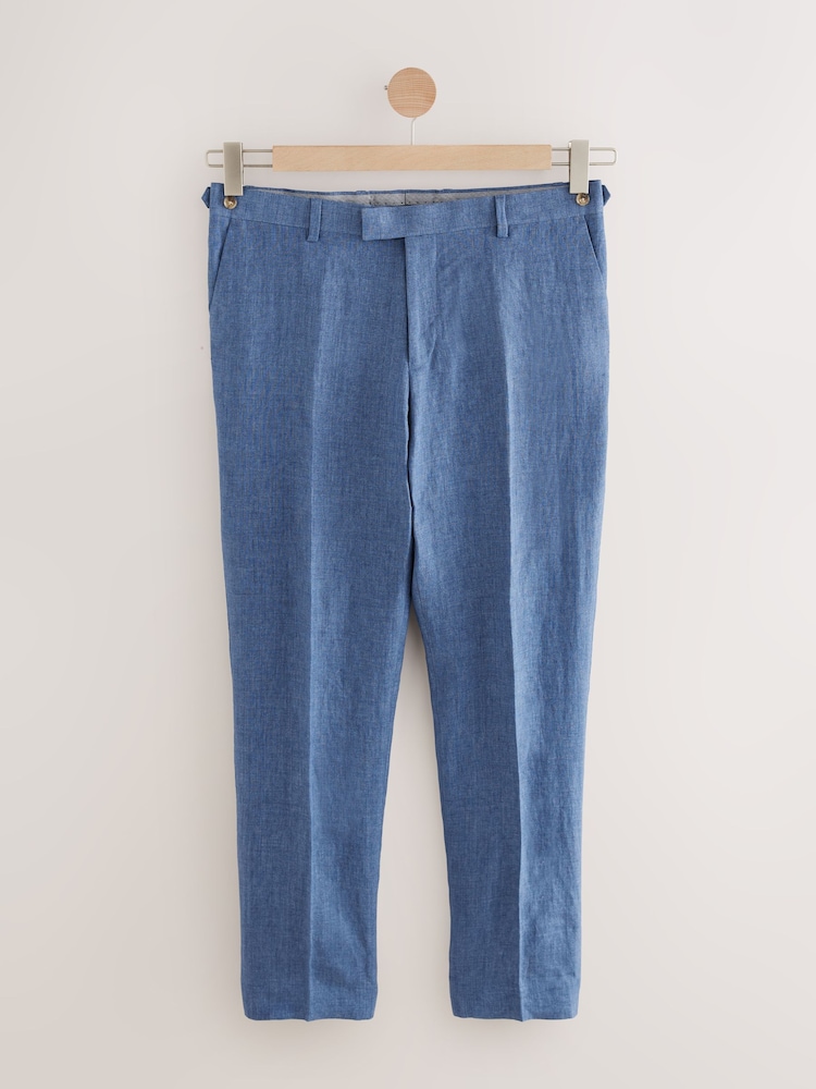 Blue Slim Fit Signature Leomaster Italian 100% Linen Fabric Suit Trousers - Image 7 of 13