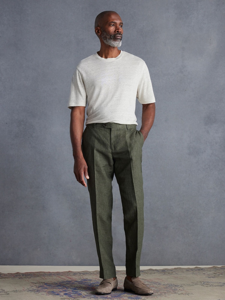 Green Slim Fit Signature Leomaster Italian 100% Linen Fabric Suit Trousers - Image 2 of 10