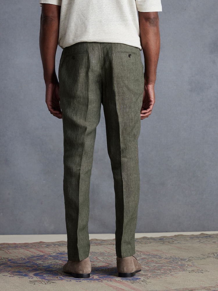 Green Slim Fit Signature Leomaster Italian 100% Linen Fabric Suit Trousers - Image 3 of 10