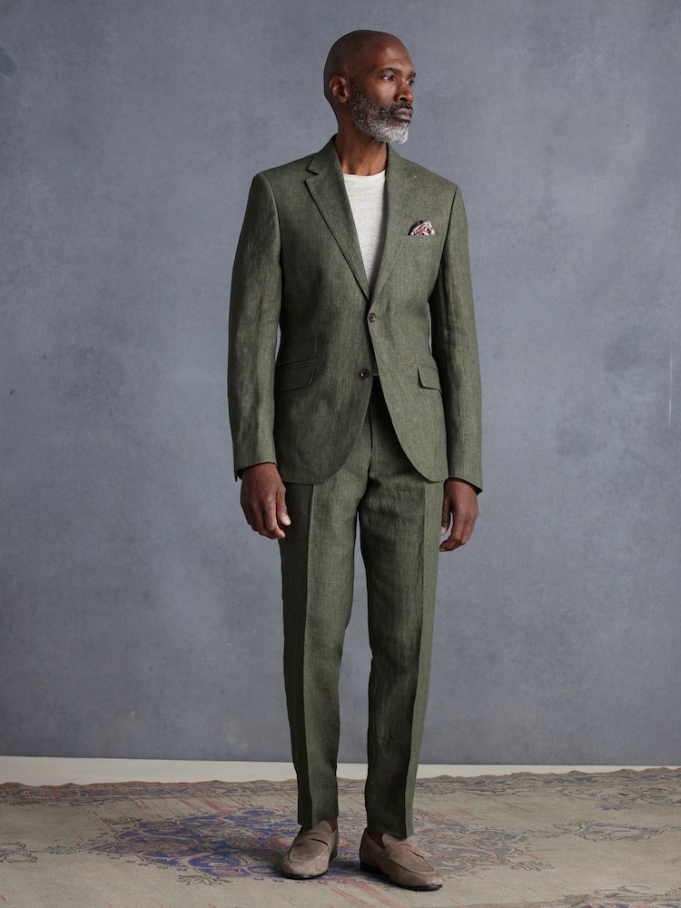 Green Slim Fit Signature Leomaster Italian 100% Linen Fabric Suit Trousers - Image 4 of 10