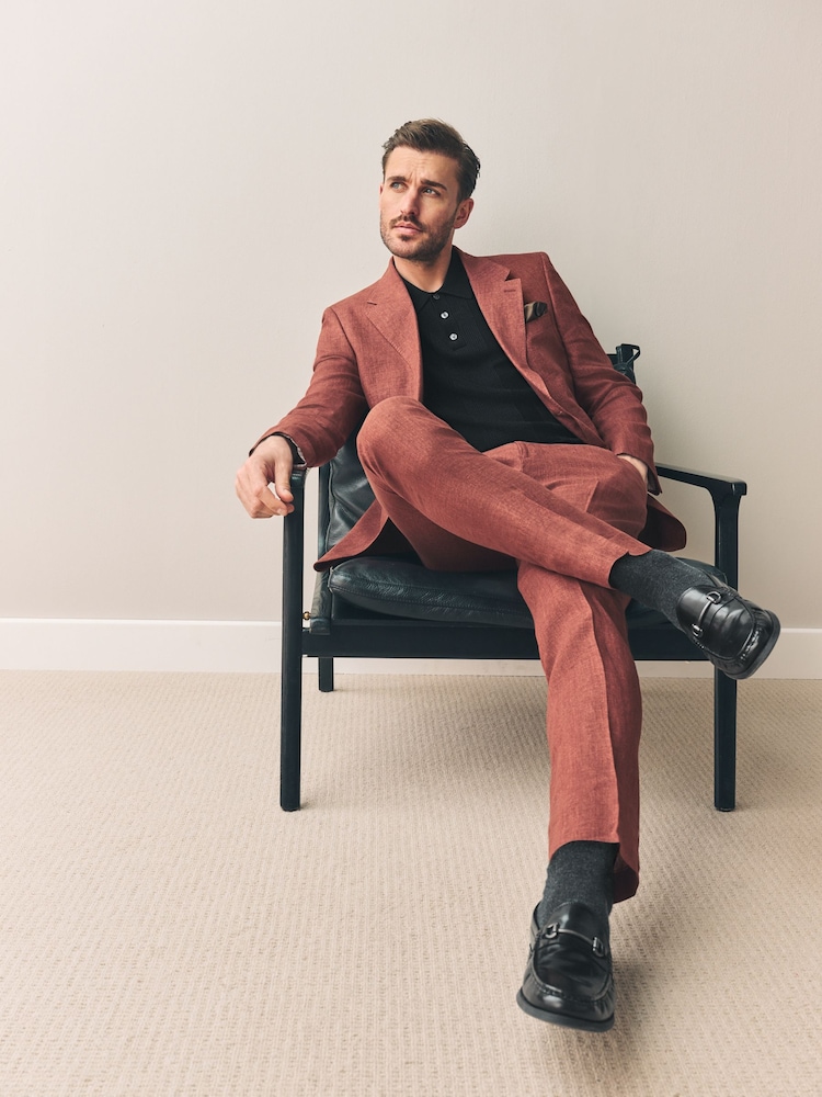 Rust Brown - Leomaster Slim Fit Italiana 100% Linen Suit Jacket - Imagem 2 de 10